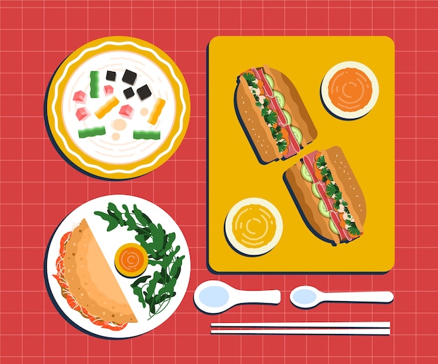 Vector gratuito ilustración de comida vietnamita de diseño plano dibujado a mano