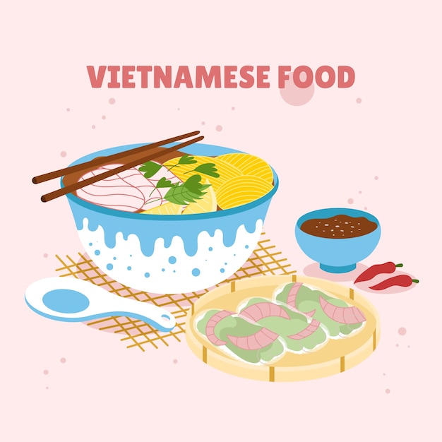 Ilustración de comida vietnamita de diseño plano dibujado a mano