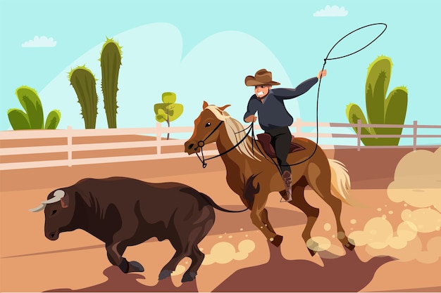 Vector gratuito ilustración de competencia de rodeo vaquero de dibujos animados montando a caballo en la arena siguiendo al toro con lazo