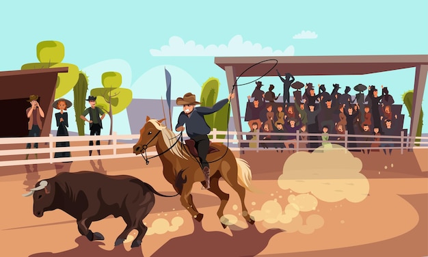 Ilustración de la competencia de rodeo vaquero montando a caballo en la arena siguiendo al toro con lazo Emocionado visitante en las gradas espectadores apoyando al concursante en la diversión tradicional del Salvaje Oeste
