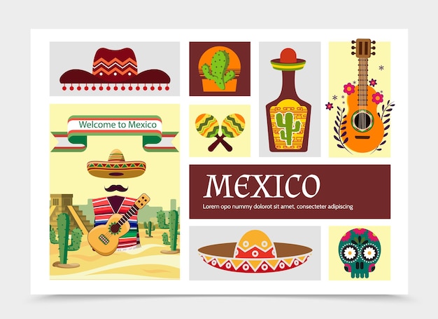 Vector gratuito ilustración de composición de elementos planos de méxico