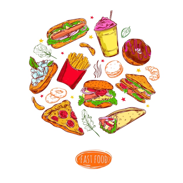 Vector gratuito ilustración de composición redonda de comida rápida