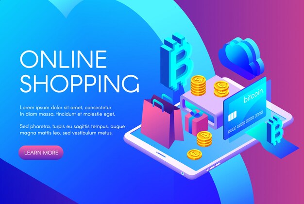 Ilustración de compras en línea del pago de bitcoin o tarjeta de criptomoneda