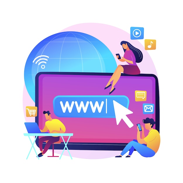 Ilustración de concepto abstracto de adicción a Internet. Sustitución de la vida real, trastorno de vida en línea, adicción a la web, comportamiento adictivo digital, uso excesivo de Internet, redes sociales.