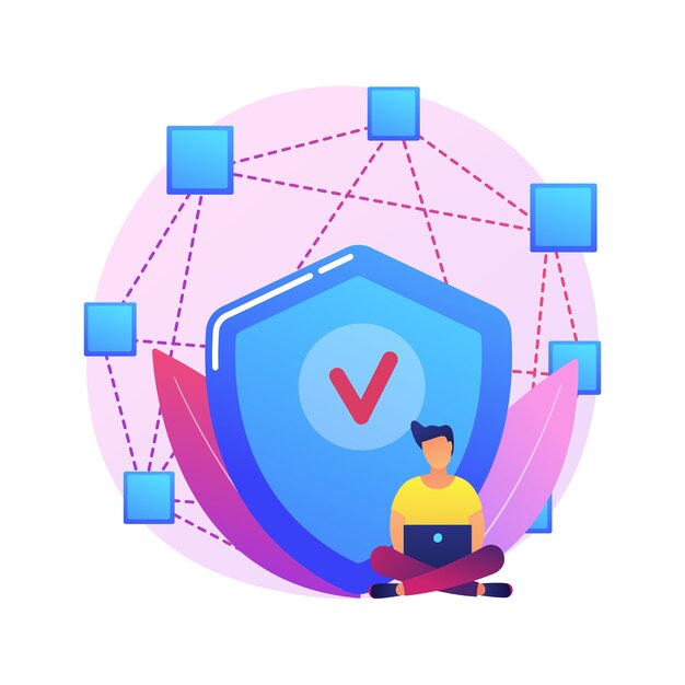 Ilustración de concepto abstracto de aplicación descentralizada. Aplicación digital, blockchain, red informática P2P, aplicación web, múltiples usuarios, criptomoneda, código abierto.