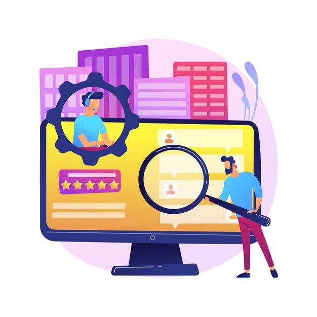 Ilustración de concepto abstracto de autoservicio de cliente. Sistema de soporte electrónico, cliente proactivo electrónico, asistencia en línea, base de conocimientos de preguntas frecuentes, tienda gratuita representativa