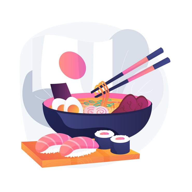Vector gratuito ilustración de concepto abstracto de comida japonesa. cocina oriental, sushi japonés para llevar, mercado de comida gourmet, menú de restaurante asiático tradicional, comida para llevar, palillos para comer
