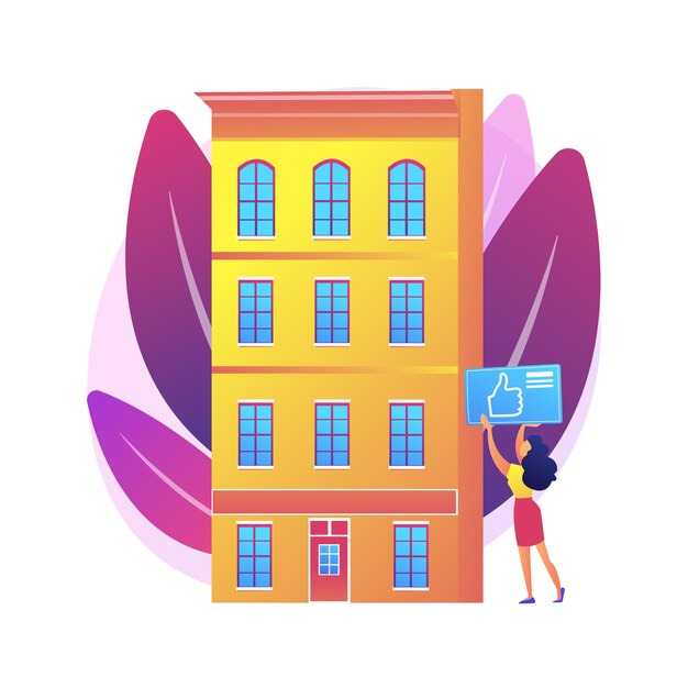 Ilustración de concepto abstracto de condominio. Residencia privada en un complejo de edificios, administración de condominio, hogar de propiedad del propietario, apartamento de varias plantas.