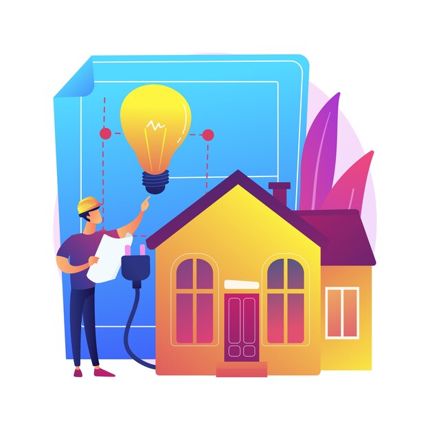 Ilustración de concepto abstracto de construcción eléctrica residencial. Planificación previa a la construcción, contratista autorizado, necesidades de iluminación y electrodomésticos, proyecto de eficiencia energética