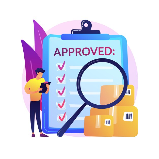 Ilustración de concepto abstracto de control de calidad del producto. Estándar de seguridad del producto, comentarios de los clientes, certificado de garantía, línea de producción, éxito comercial, inspección