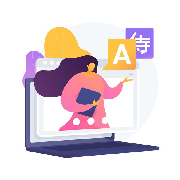 Ilustración de concepto abstracto de escuela de idiomas en línea. Clase digital grabada, tutor de idiomas en línea, lección de hablante nativo en vivo, curso práctico, educación a distancia
