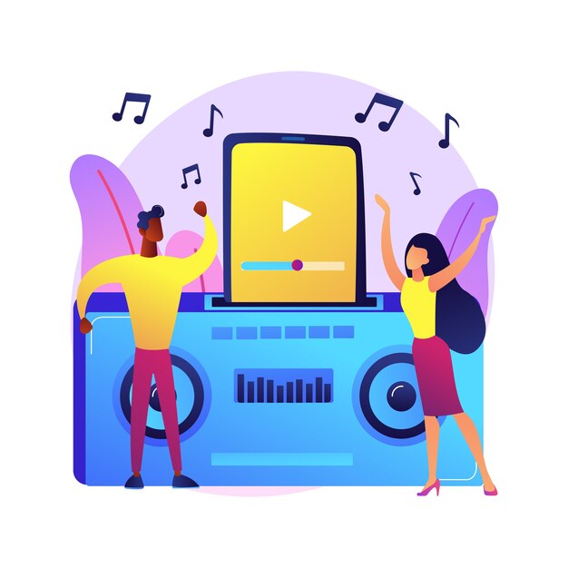 Ilustración del concepto abstracto de la estación de acoplamiento. Estación de acoplamiento de audio, dispositivo electrónico, reproducir música, cargar la batería, conectar auriculares, altavoz inalámbrico, red doméstica.
