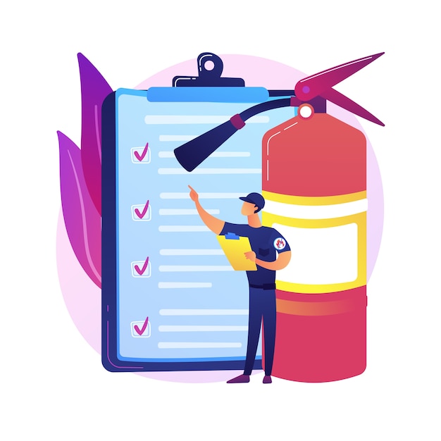 Ilustración de concepto abstracto de inspección de incendios. Alarma y detección de incendios, lista de verificación de inspección de edificios, cumplimiento de los requisitos, certificación de seguridad, inspección anual