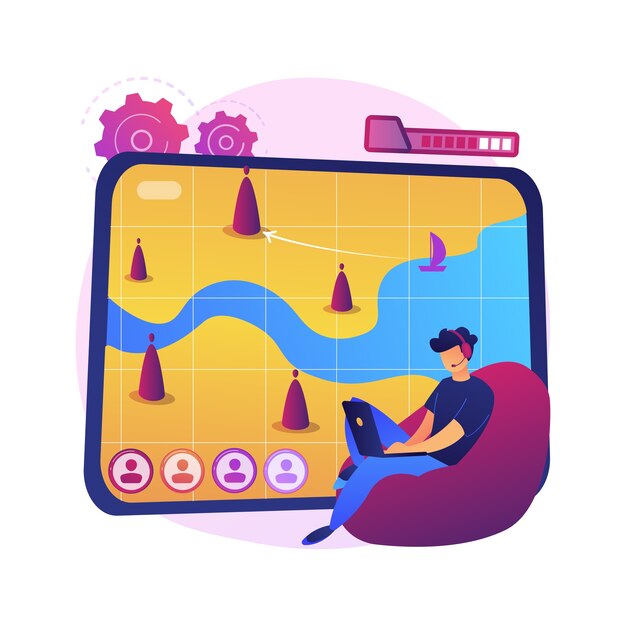 Ilustración de concepto abstracto de juegos en línea de estrategia. Juegos de PC, guerra multijugador en tiempo real, juego de estrategia móvil, mouse MMOG, navegador de rol, multijugador masivo en línea.