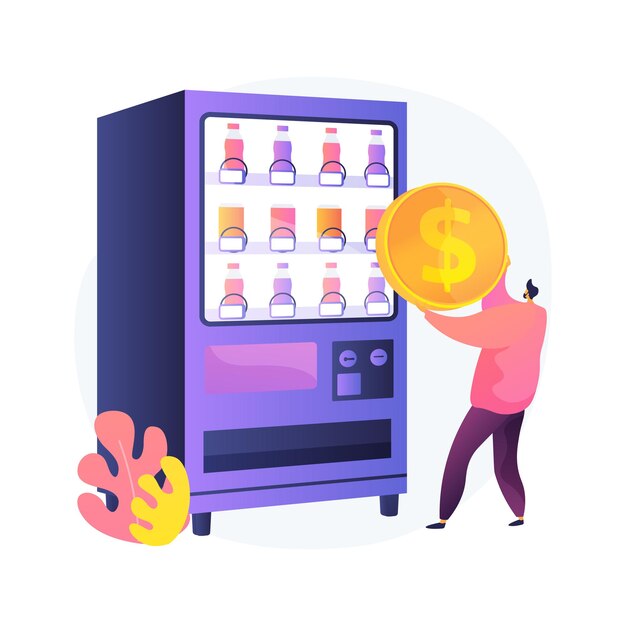 Ilustración de concepto abstracto de máquina expendedora. Negocio de vending, máquina de autoservicio, snacks y bebidas, pequeña empresa, café para llevar, espacio público, comercio