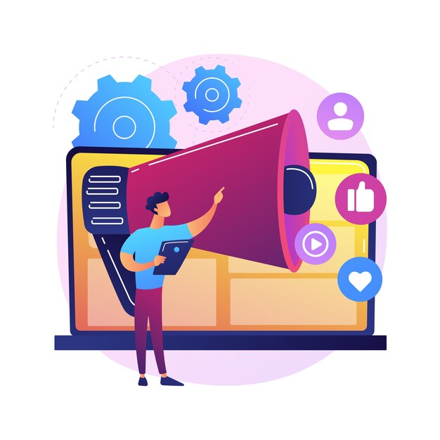 Ilustración de concepto abstracto de marketing online. Marketing digital, venta online, estrategia en redes sociales, optimización SEO, ecommerce, servicio de agencia, publicidad en internet