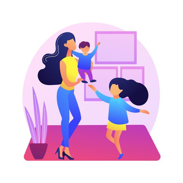Ilustración de concepto abstracto monoparental. Madre soltera con niños bailando