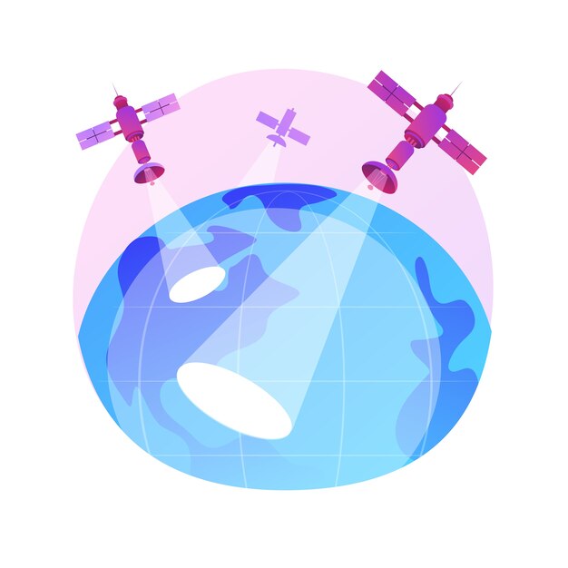 Ilustración del concepto abstracto de observación de la tierra. Ingeniería espacial, ciencia planetaria, servicio satelital, geoinformación, observación aplicada de la tierra, teledetección.