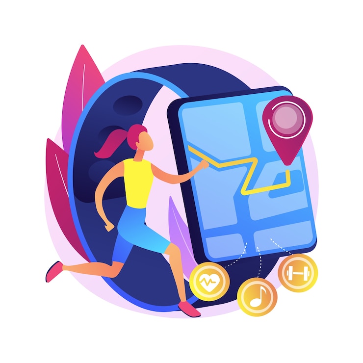 Vector gratuito ilustración de concepto abstracto de rastreador de deporte y fitness. banda de actividad, monitor de salud, dispositivo de pulsera, aplicación para correr, andar en bicicleta y entrenamiento diario