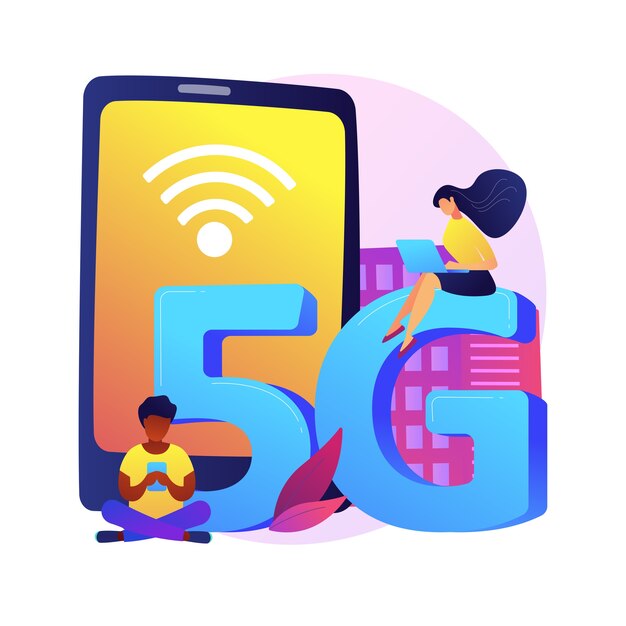 Ilustración de concepto abstracto de red de teléfonos móviles 5G. Comunicación por teléfono móvil, teléfono inteligente moderno, tecnología 5G, conexión rápida a Internet, proveedor de cobertura de red.