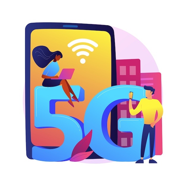 Ilustración de concepto abstracto de red de teléfonos móviles 5G. Comunicación por teléfono móvil, teléfono inteligente moderno, tecnología 5G, conexión rápida a Internet, proveedor de cobertura de red.