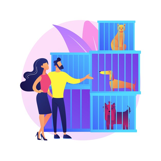 Ilustración de concepto abstracto de refugio de animales. Rescates de animales, proceso de adopción de mascotas, elegir un amigo, salvar del abuso, donación, servicio de refugio, organización de voluntarios