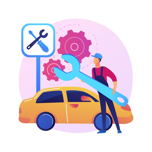 Ilustración de concepto abstracto de servicio de coche. Taller de reparación de automóviles, negocio de detallado y mantenimiento de vehículos, servicio de reparación de automóviles, diagnóstico de motores, reparación de transporte.