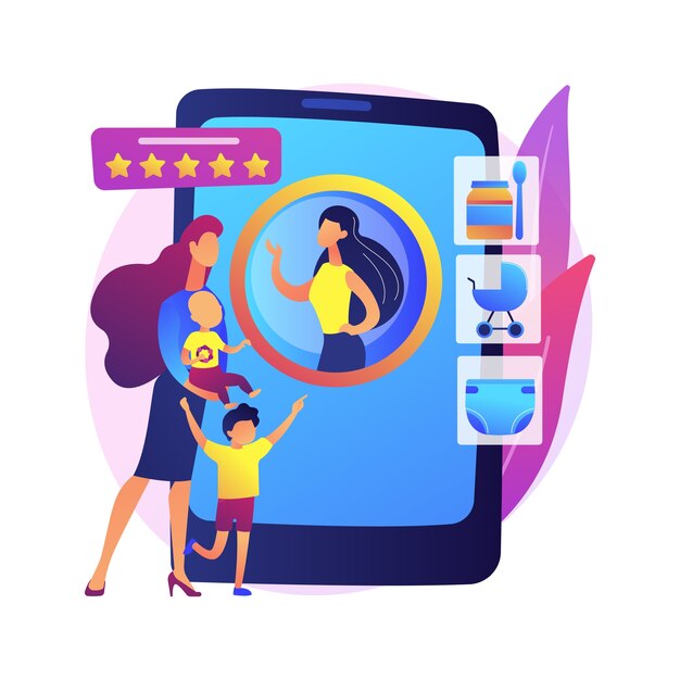 Ilustración de concepto abstracto de servicios de niñera. Aplicación de niñera, servicios personales de cuidado de niños, niñera confiable, cuidado de niños seguro, ayuda las veinticuatro horas con los niños.