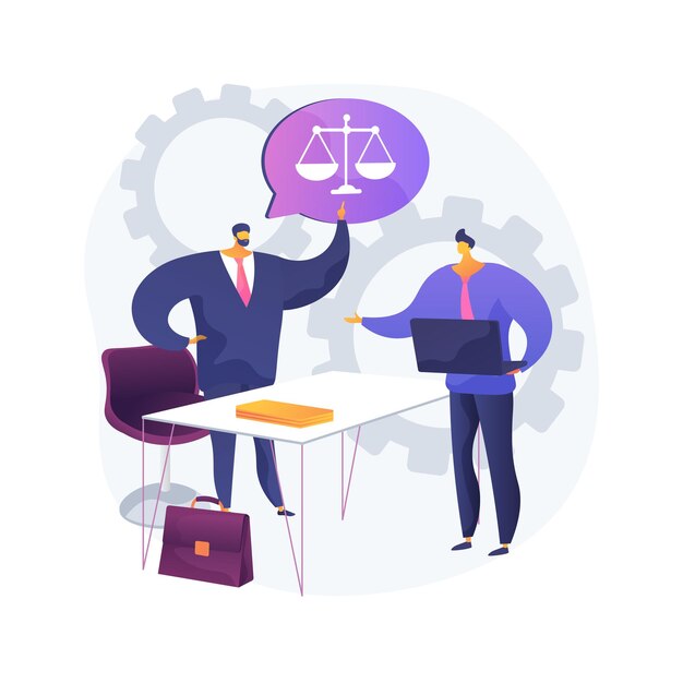 Ilustración de concepto abstracto de servicios paralegales. Trabajo legal delegado, organización de archivos, redacción de documentos, investigación legal, despacho de abogados, redacción de informe, litigio