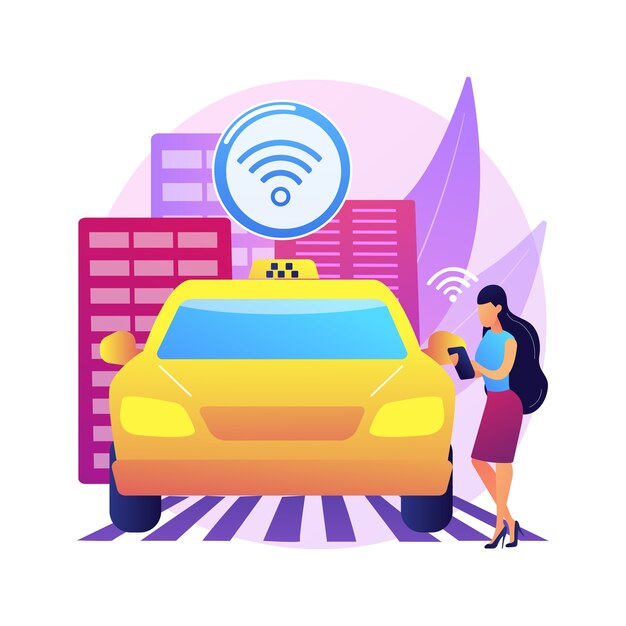 Ilustración de concepto abstracto de taxi autónomo. Taxi sin conductor, servicio de automóvil a pedido, transporte sin conductor, automóvil autónomo, propiedad de vehículo alternativo, viajes de negocios.