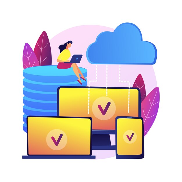 Ilustración de concepto abstracto de tecnología SaaS. Software como servicio, computación en la nube, servicio de aplicaciones, acceso de clientes, licencias de software, suscripción, precios.