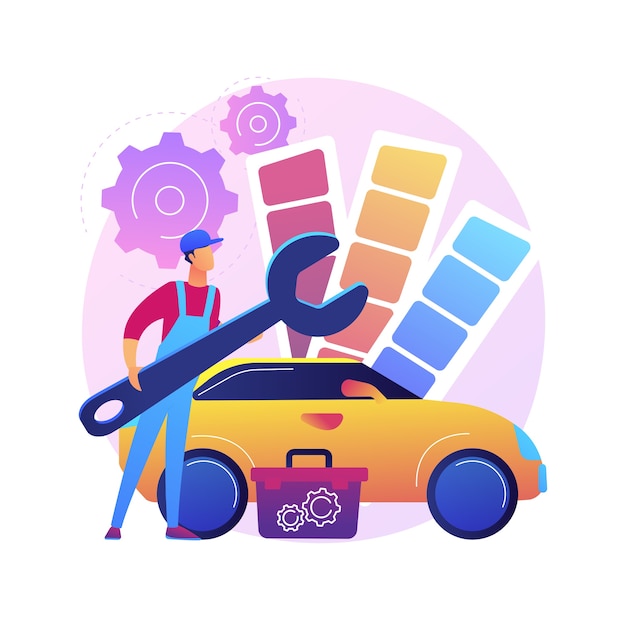 Ilustración de concepto abstracto de tuning de coche. sintonización de turbo de automóviles de carreras, taller de carrocería, actualización de música de vehículos, estilo y diseño de automóviles, servicio de reparación de automóviles deportivos.