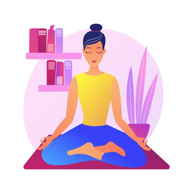Ilustración de concepto abstracto de yoga en casa. Entrenamiento de cuarentena en casa, clase de power yoga en línea, alivio del estrés, atención plena, transmisión en vivo, quedarse en casa, distancia social.