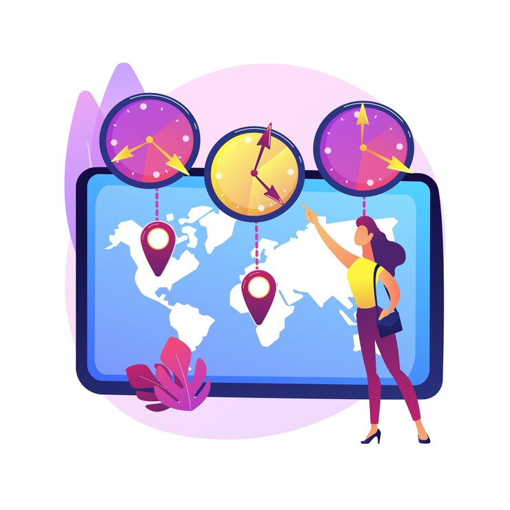 Vector gratuito ilustración de concepto abstracto de zonas horarias. estándar de tiempo, coordinación de negocios internacionales, gestión de reuniones, convertidor utc, gmt, calculadora de reloj mundial, jet lag