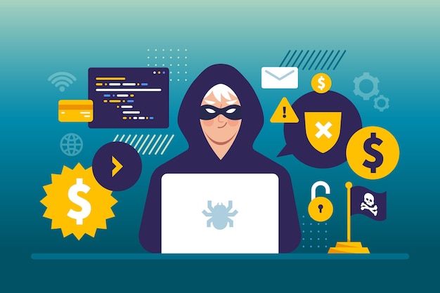 Vector gratuito ilustración del concepto de actividad hacker con hombre y portátil