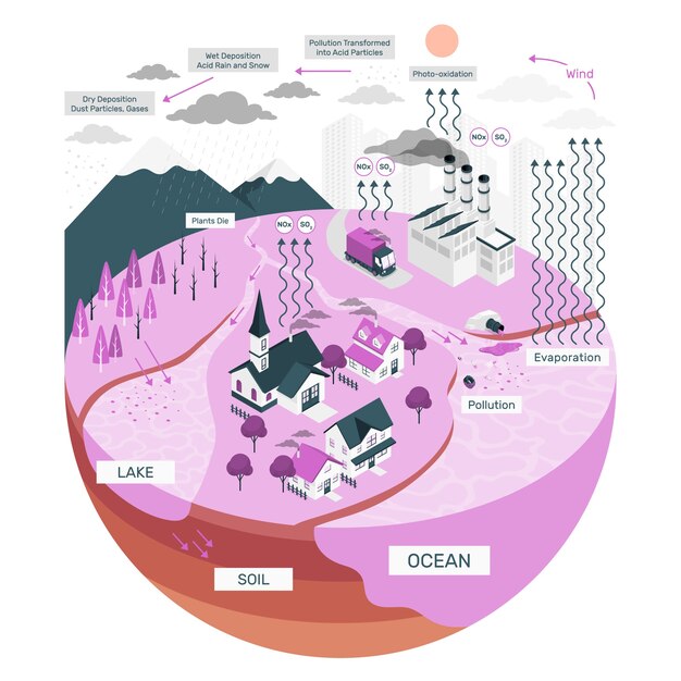 Ilustración del concepto de agotamiento de la lluvia ácida