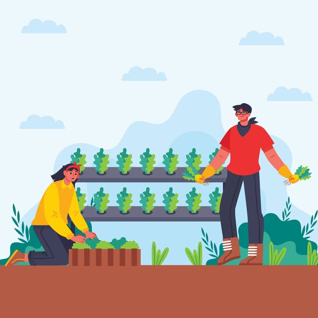 Ilustración de concepto de agricultura orgánica de hombre y mujer