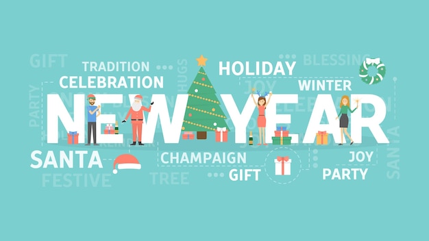 Ilustración de concepto de año nuevo vacaciones y fiesta de santa y regalos