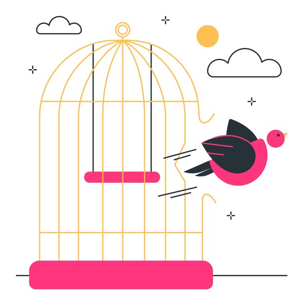 Ilustración del concepto de las aves que escapan de la jaula