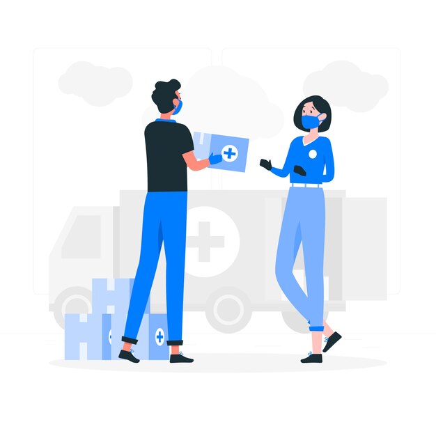 Ilustración del concepto de ayuda humanitaria (personas donando equipo de protección sanitaria)