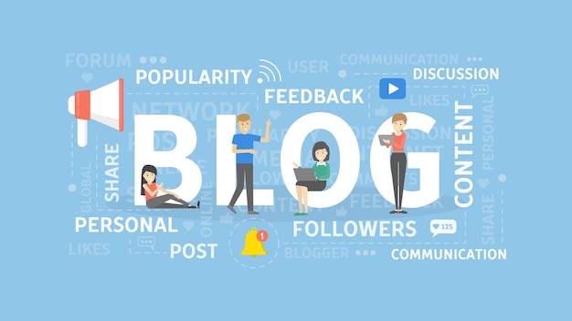 Ilustración del concepto de blog Idea de publicar compartir y seguir