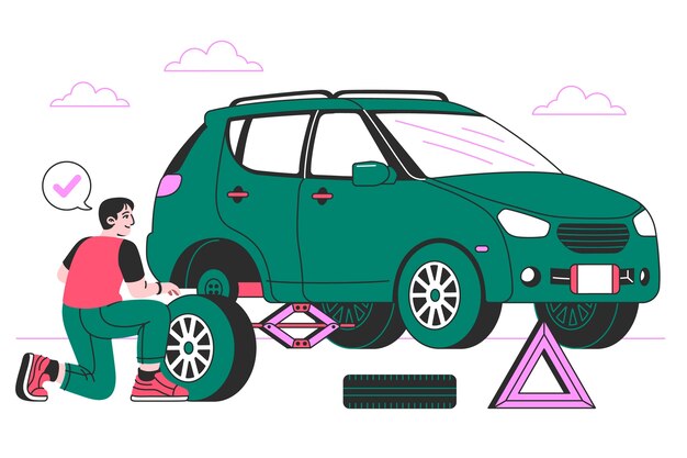 Ilustración del concepto de cambio de neumático pinchado