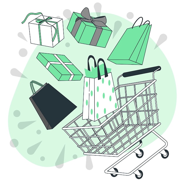 Vector gratuito ilustración de concepto de carrito de compras con bolsas o regalos