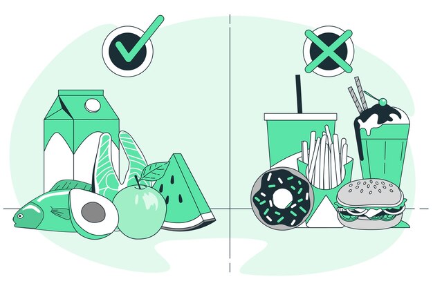 Ilustración de concepto de comida sana vs comida rápida