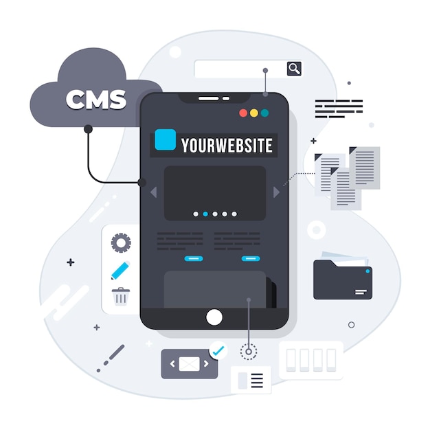 Ilustración de concepto creativo cms en diseño plano