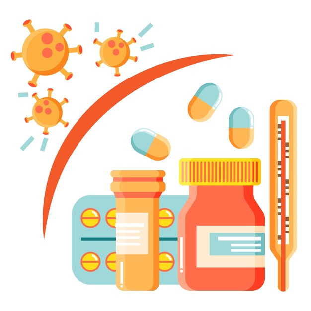 Ilustración de concepto de cura de virus con pastillas