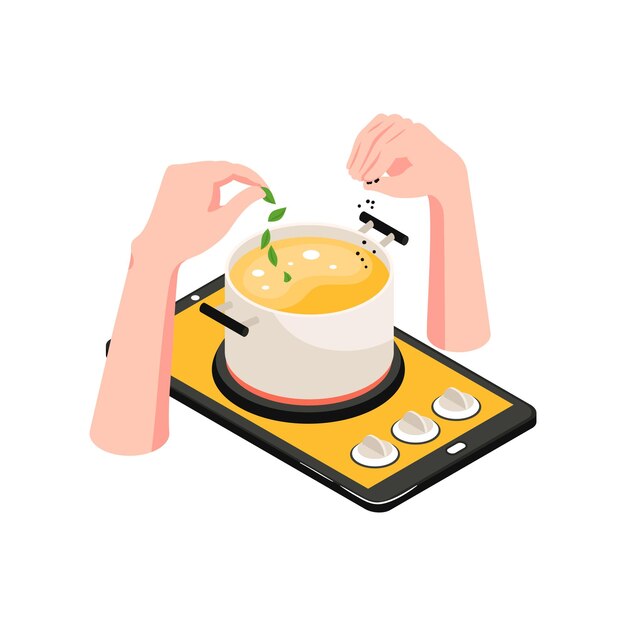 Ilustración de concepto de escuela de cocina isométrica con gadget y cacerola de sopa 3d