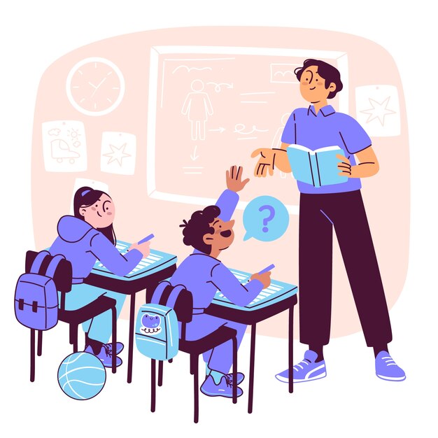 Ilustración del concepto de estudiante preguntando al maestro