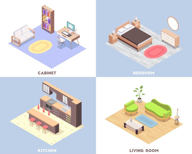 Ilustración de concepto isométrico de muebles de interior de cuatro plazas