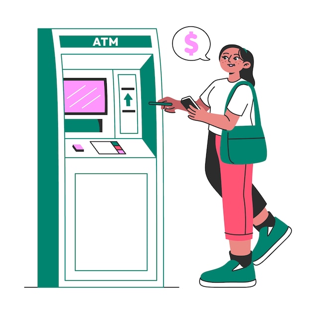 Ilustración del concepto de la máquina de cajeros automáticos por parte de una mujer